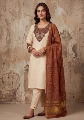 Cream Embroidered Silk Blend Salwar Kameez