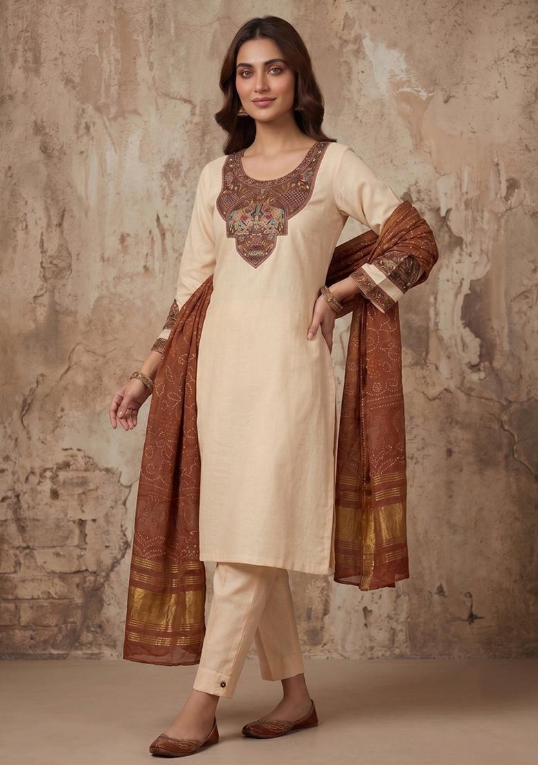 Cream Embroidered Silk Blend Salwar Kameez - Indya