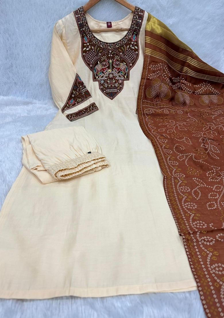 Cream Embroidered Silk Blend Salwar Kameez - Indya