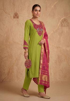 Green Embroidered Silk Blend Salwar Kameez