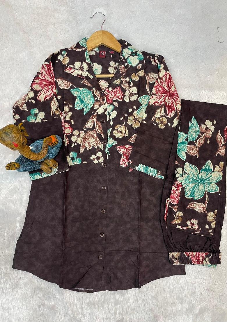 Chocolate Printed Cotton Salwar Kameez - Indya
