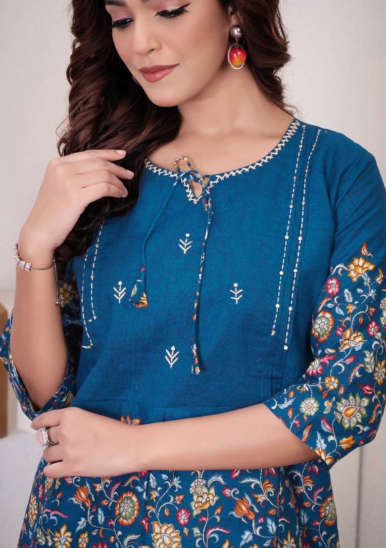 Blue Printed Cotton Salwar Kameez - Indya