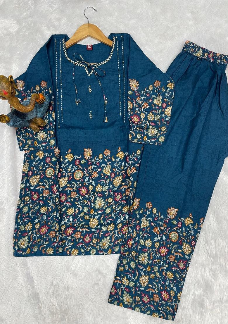 Blue Printed Cotton Salwar Kameez - Indya