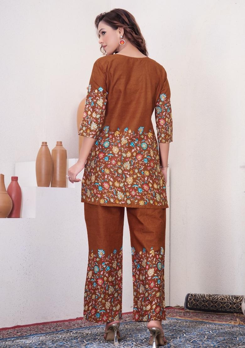 Brown Printed Cotton Salwar Kameez - Indya