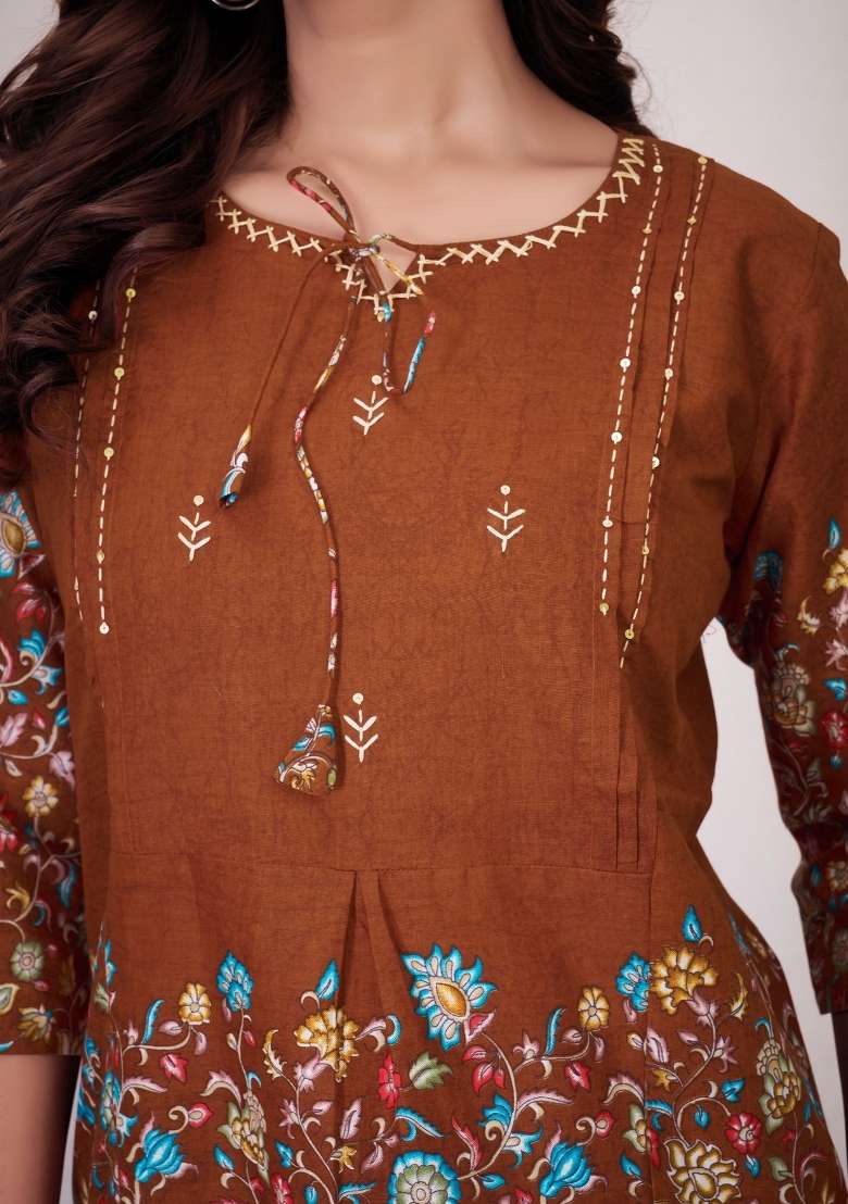 Brown Printed Cotton Salwar Kameez - Indya
