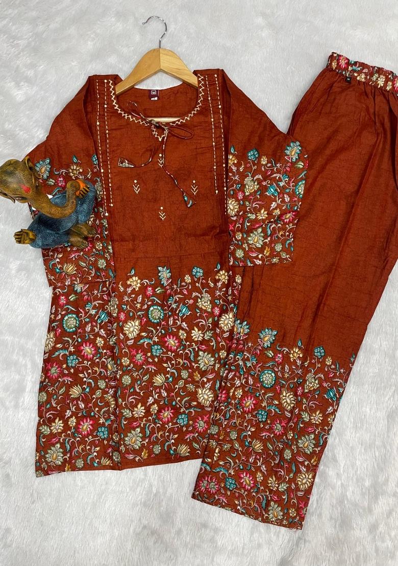 Brown Printed Cotton Salwar Kameez - Indya