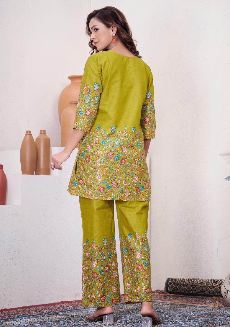 Olive Printed Cotton Salwar Kameez - Indya