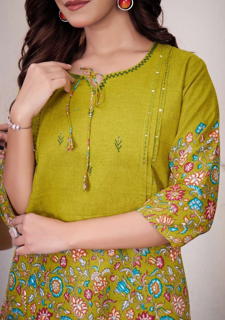 Olive Printed Cotton Salwar Kameez - Indya