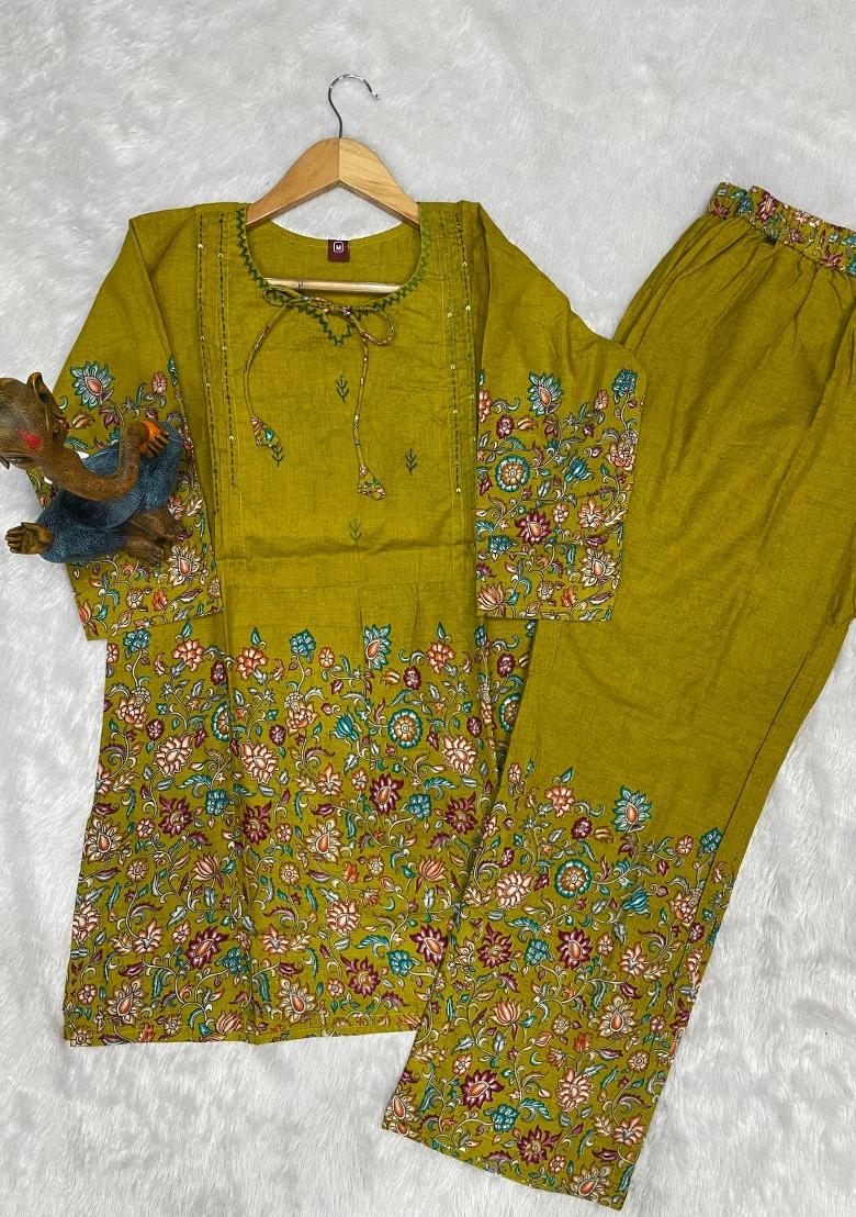 Olive Printed Cotton Salwar Kameez - Indya