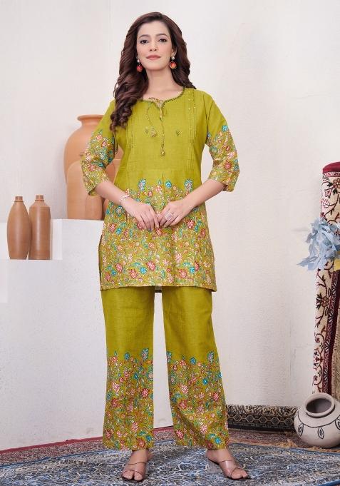 Olive Printed Cotton Salwar Kameez