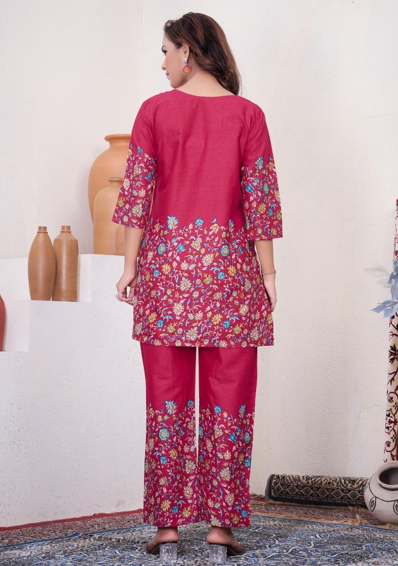 Rani Pink Printed Cotton Salwar Kameez - Indya