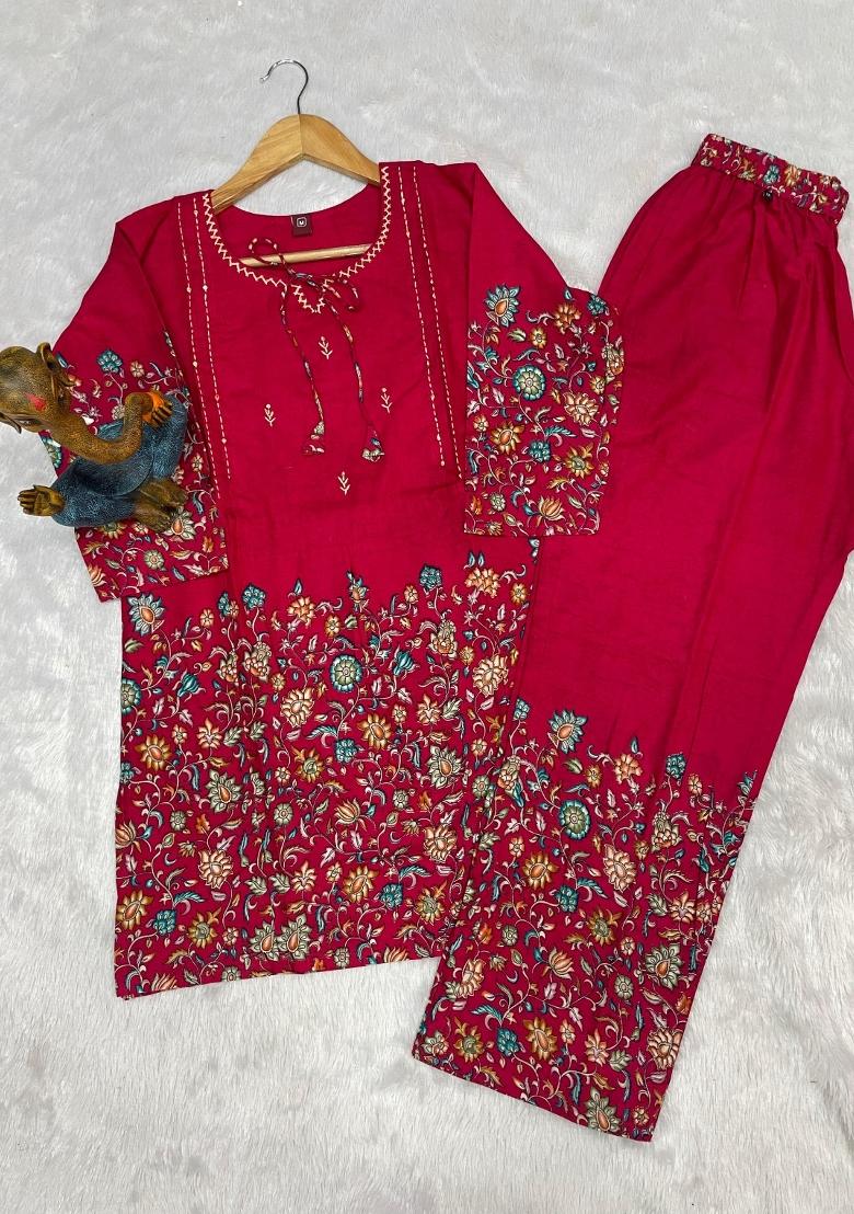 Rani Pink Printed Cotton Salwar Kameez - Indya