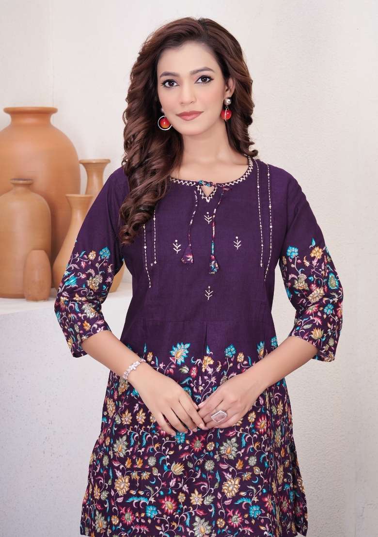 Wine Printed Cotton Salwar Kameez - Indya