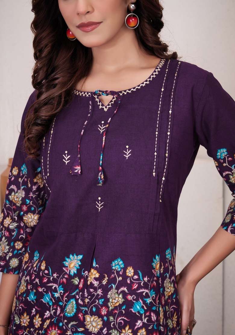 Wine Printed Cotton Salwar Kameez - Indya