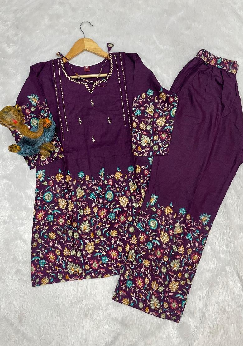 Wine Printed Cotton Salwar Kameez - Indya