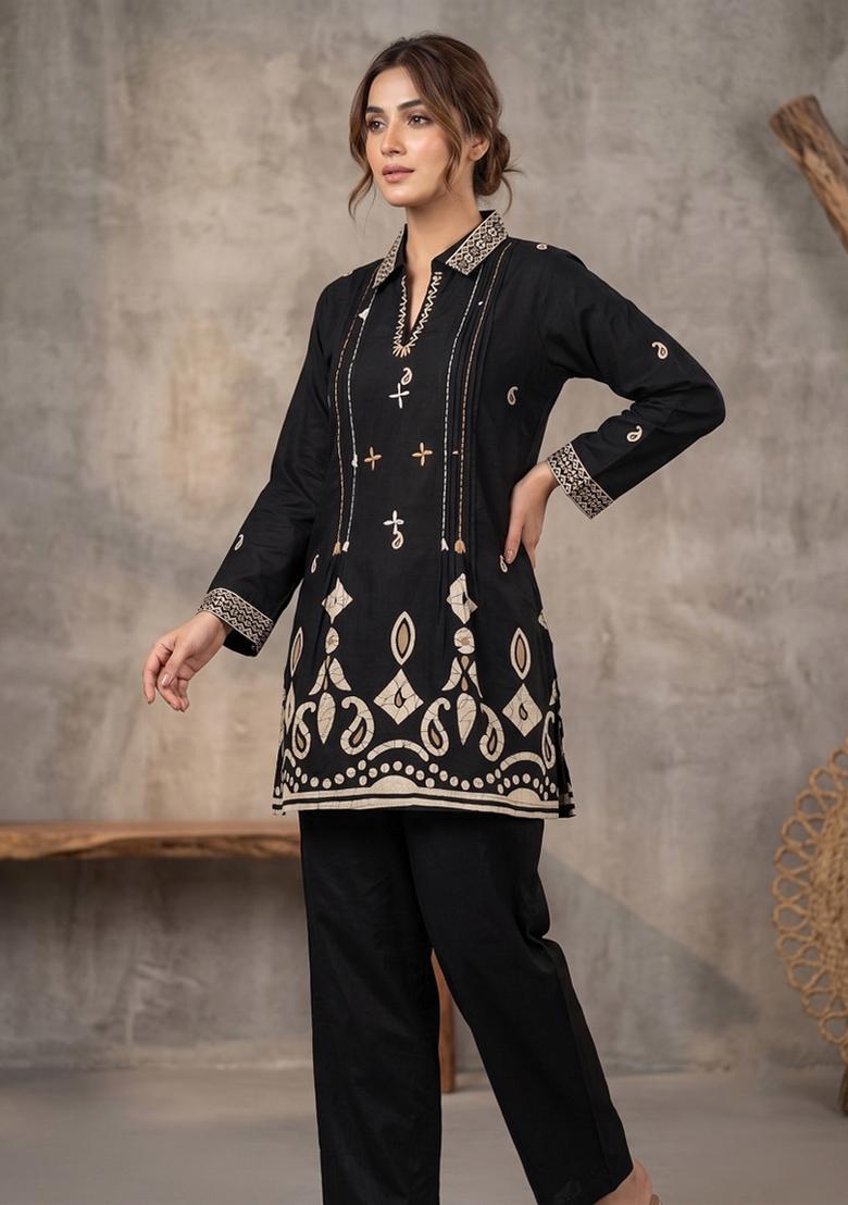 Black Printed Cotton Salwar Kameez - Indya