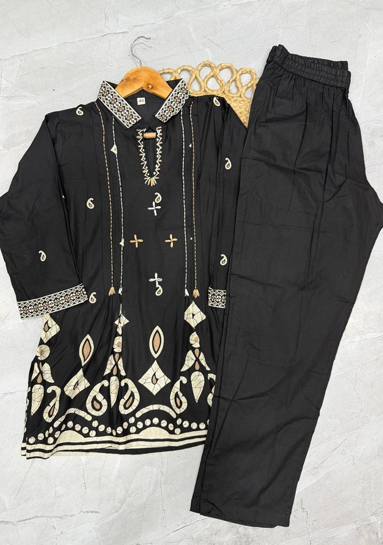Black Printed Cotton Salwar Kameez - Indya