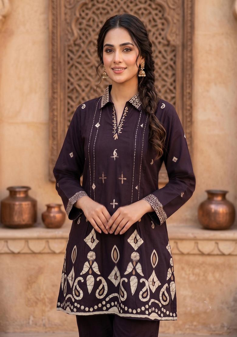 Wine Printed Cotton Salwar Kameez - Indya