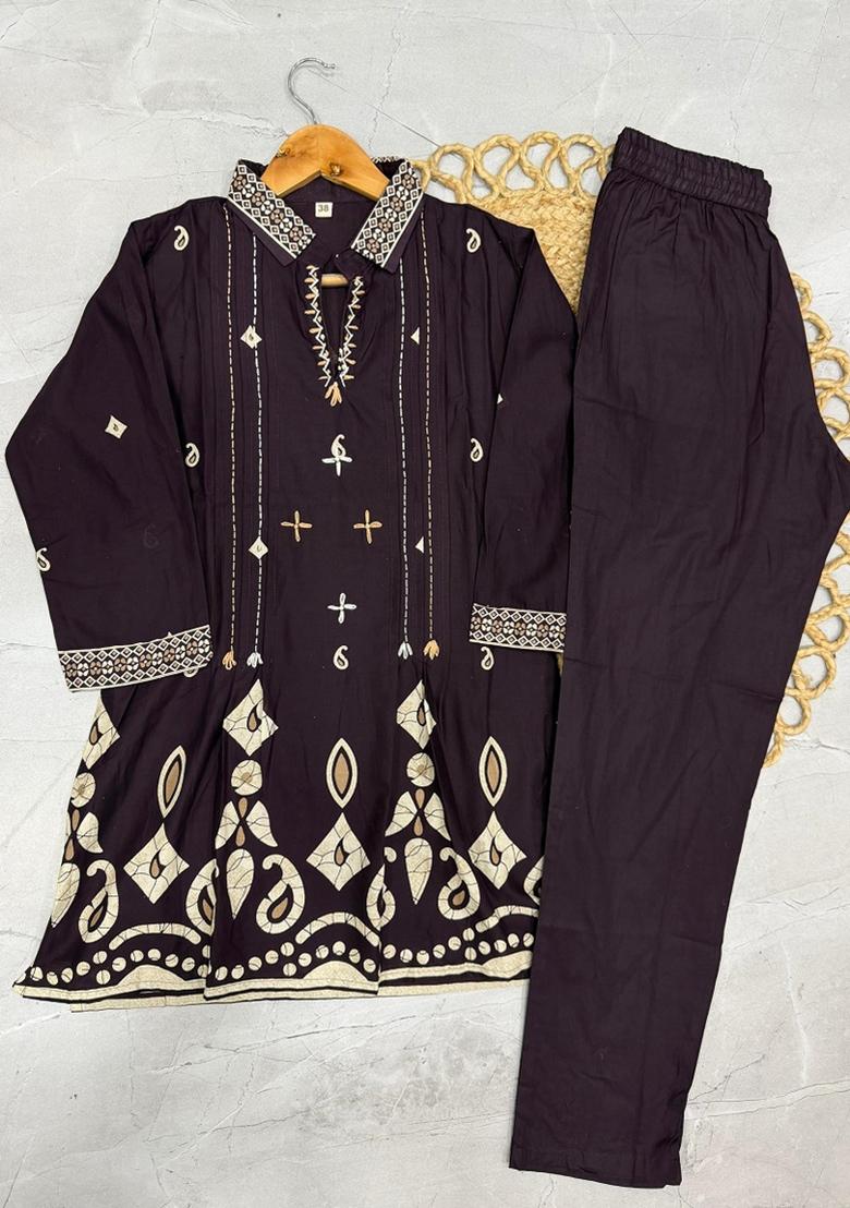 Wine Printed Cotton Salwar Kameez - Indya