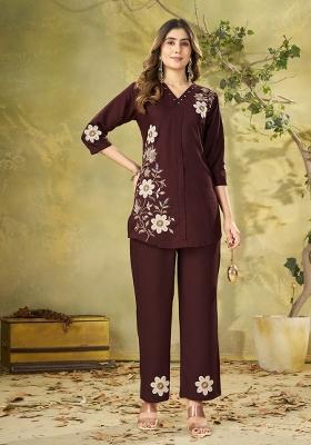 Brown Embroidered Rayon Salwar Kameez