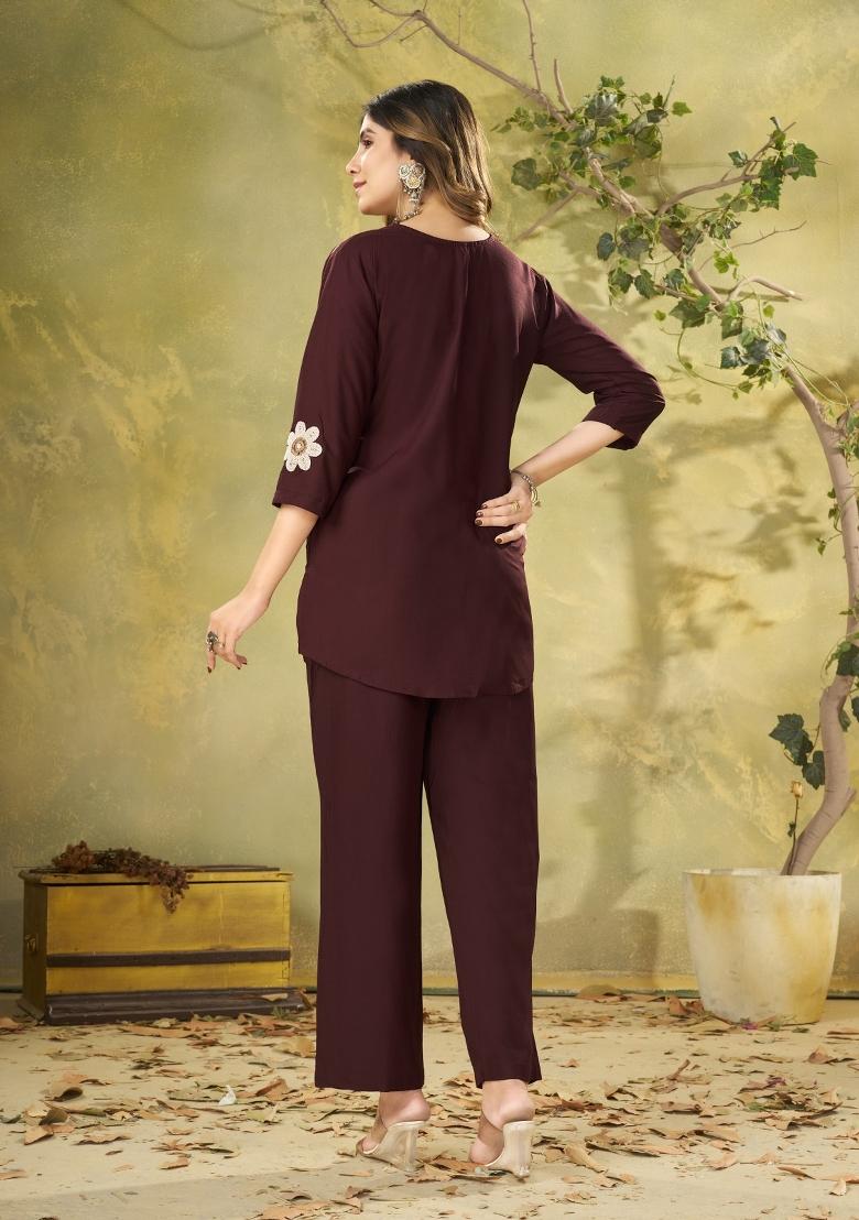 Brown Embroidered Rayon Salwar Kameez - Indya