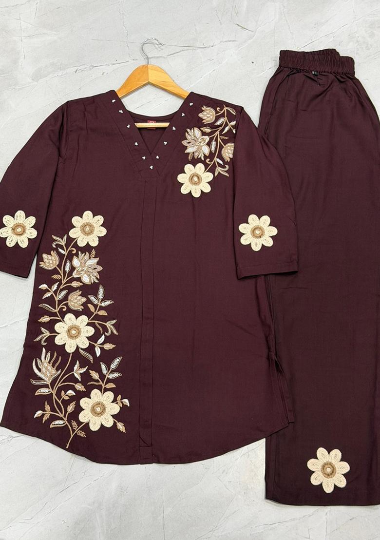 Brown Embroidered Rayon Salwar Kameez - Indya