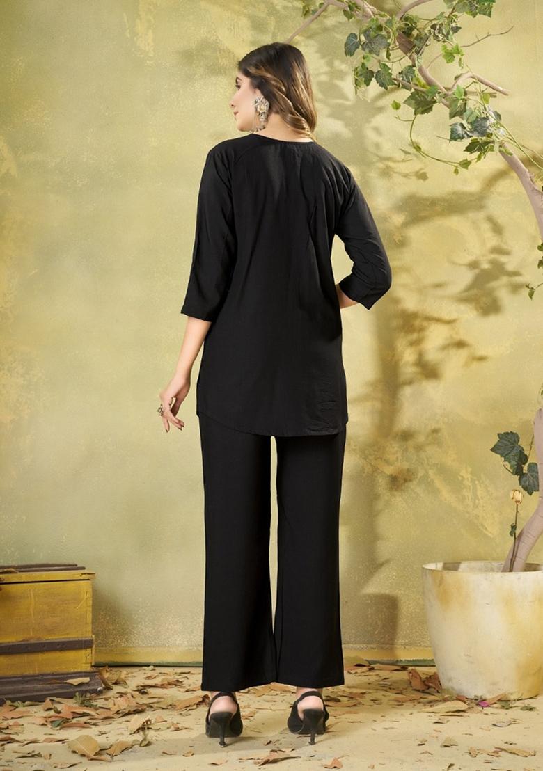 Black Embroidered Rayon Salwar Kameez - Indya