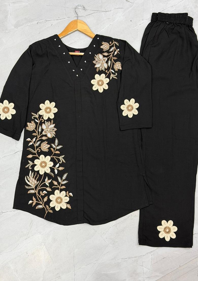 Black Embroidered Rayon Salwar Kameez - Indya