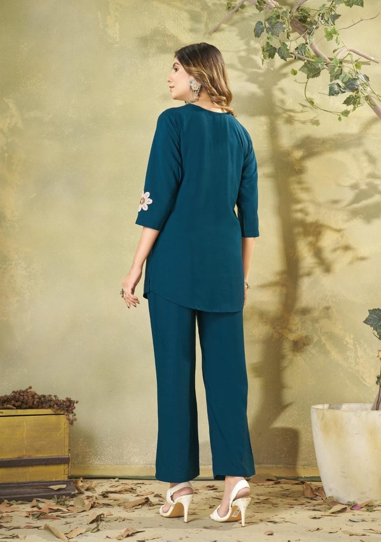 Teal Embroidered Rayon Salwar Kameez - Indya