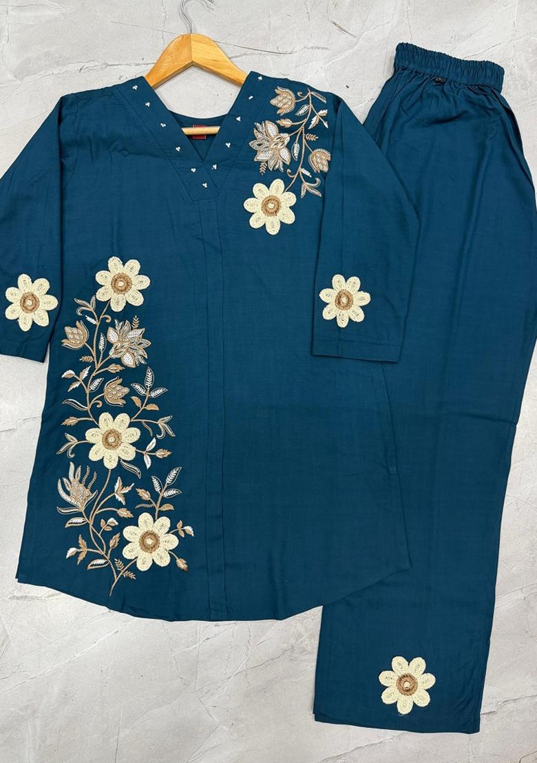 Teal Embroidered Rayon Salwar Kameez - Indya