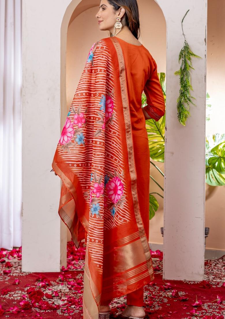 Orange Embroidered Silk Blend Salwar Kameez - Indya