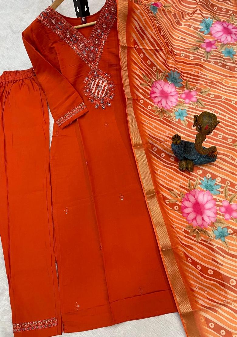 Orange Embroidered Silk Blend Salwar Kameez - Indya