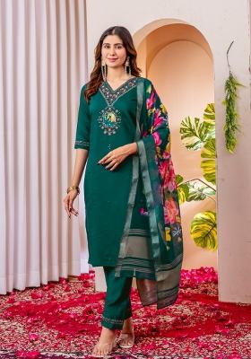 Teal Green Embroidered Silk Blend Salwar Kameez