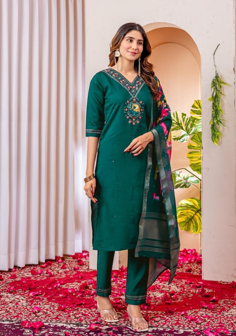 Teal Green Embroidered Silk Blend Salwar Kameez - Indya