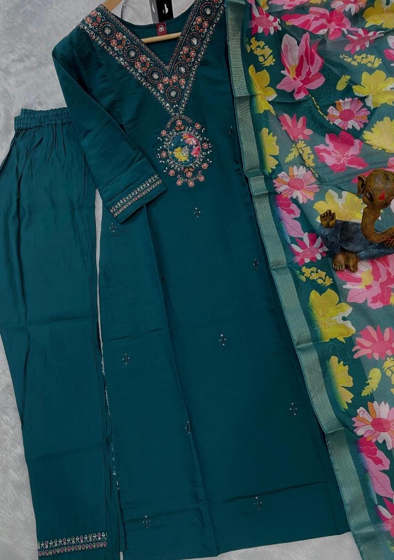 Teal Green Embroidered Silk Blend Salwar Kameez - Indya