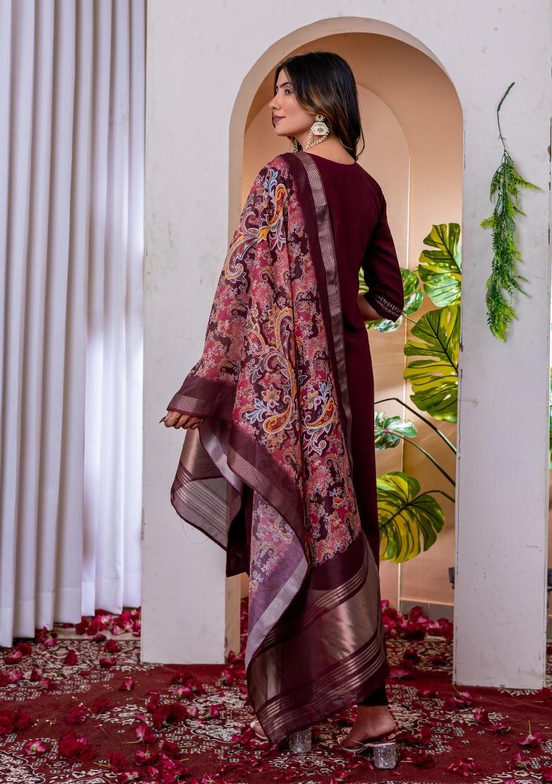 Wine Embroidered Silk Blend Salwar Kameez - Indya