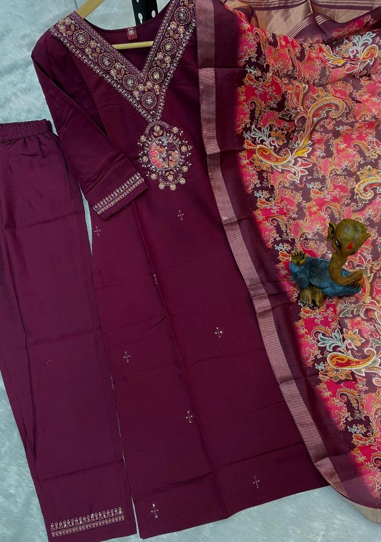Wine Embroidered Silk Blend Salwar Kameez - Indya