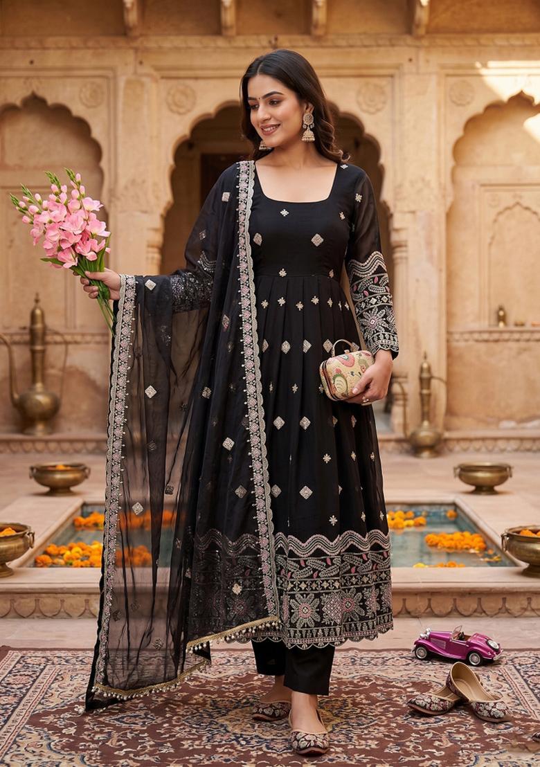 Black Embroidered Silk Blend Salwar Kameez - Indya