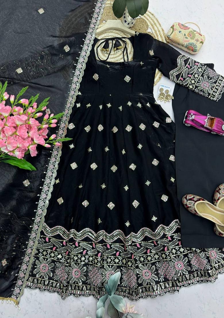 Black Embroidered Silk Blend Salwar Kameez - Indya