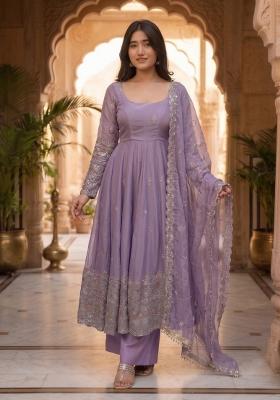Lavender Embroidered Silk Blend Salwar Kameez