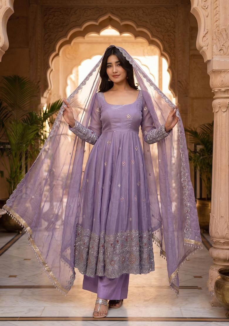 Lavender Embroidered Silk Blend Salwar Kameez - Indya