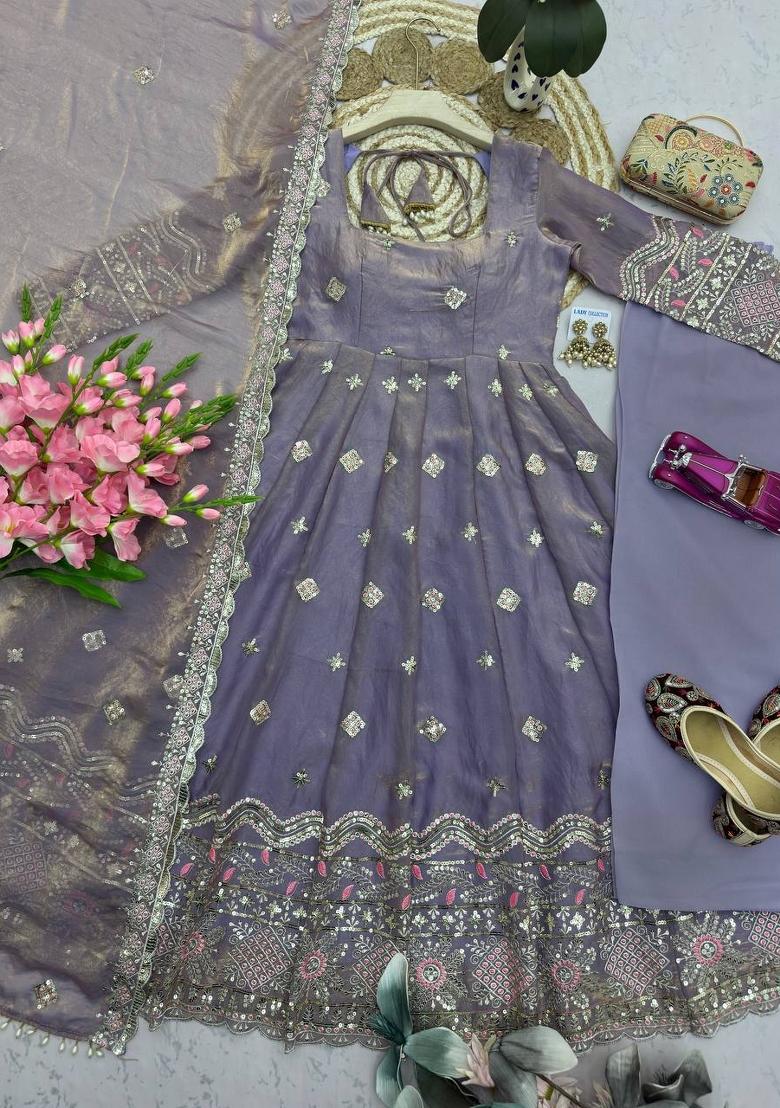 Lavender Embroidered Silk Blend Salwar Kameez - Indya