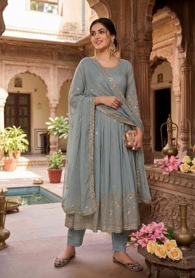 Grey Embroidered Silk Blend Salwar Kameez