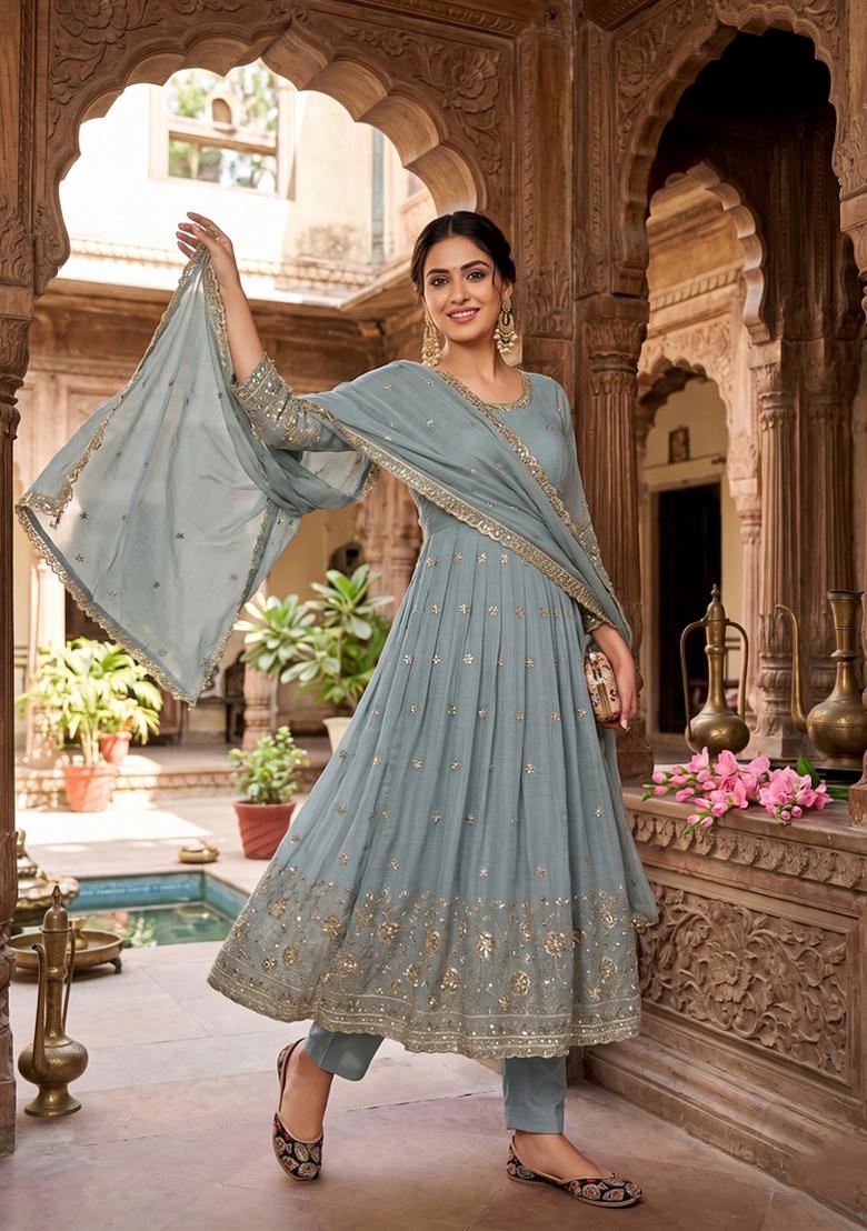 Grey Embroidered Silk Blend Salwar Kameez - Indya