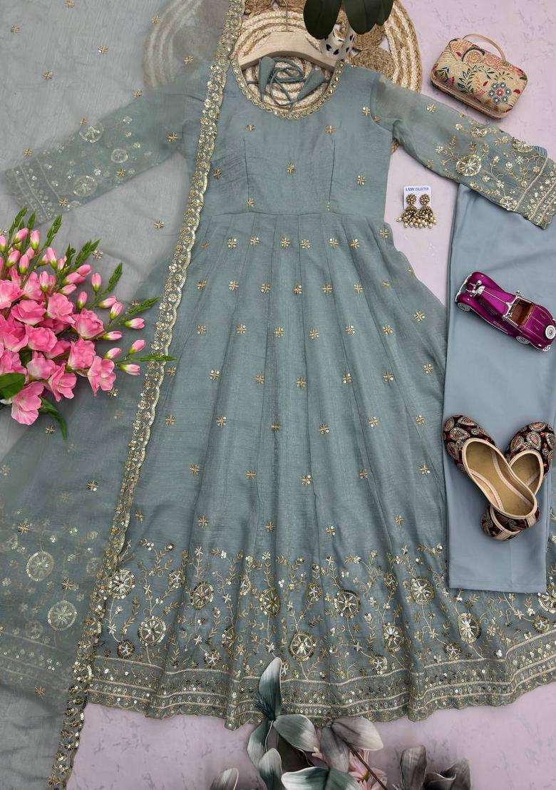 Grey Embroidered Silk Blend Salwar Kameez - Indya