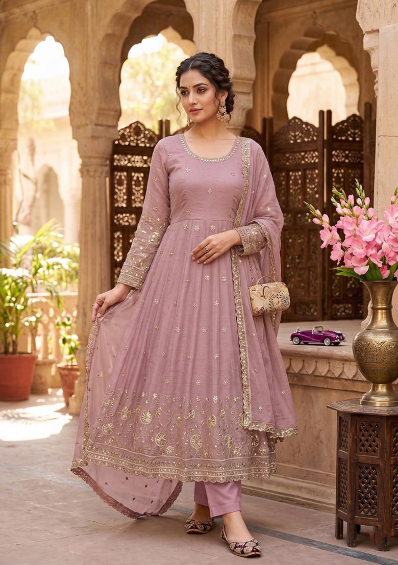 Pink Embroidered Silk Blend Salwar Kameez - Indya