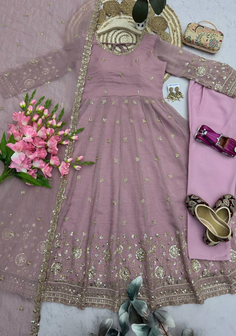 Pink Embroidered Silk Blend Salwar Kameez - Indya