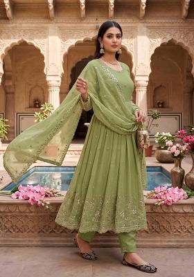 Light Green Embroidered Silk Blend Salwar Kameez