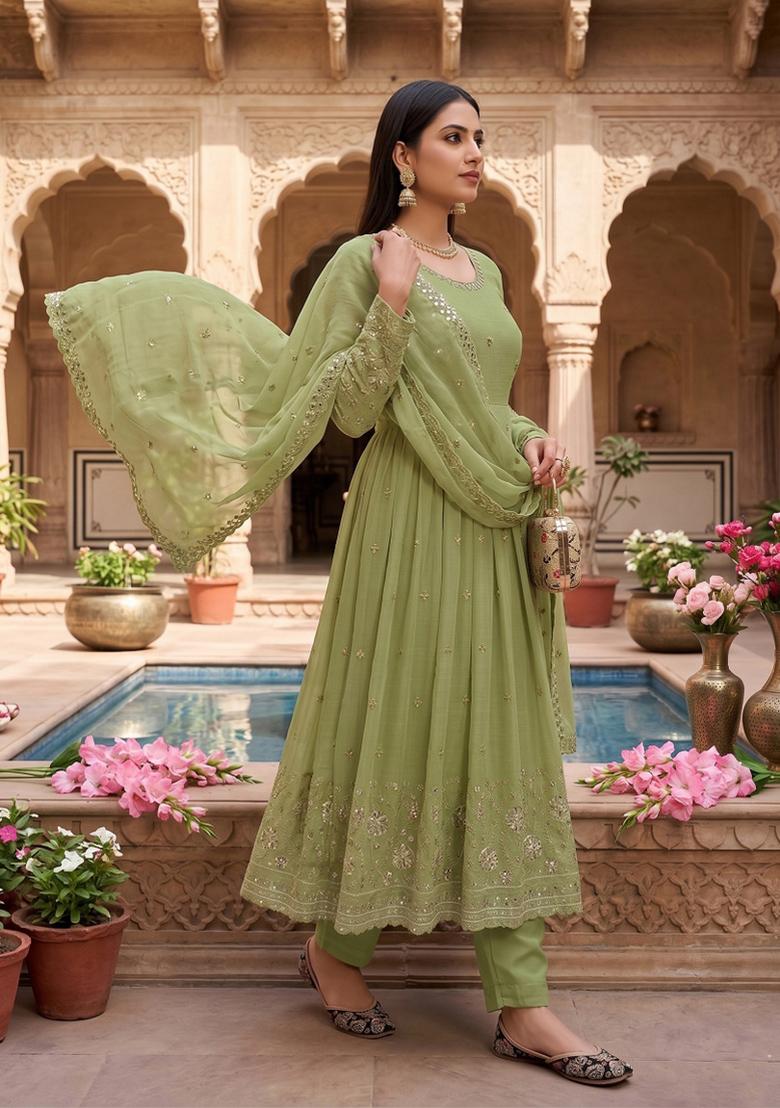 Light Green Embroidered Silk Blend Salwar Kameez - Indya