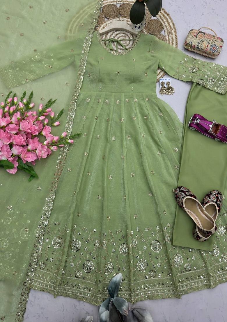 Light Green Embroidered Silk Blend Salwar Kameez - Indya